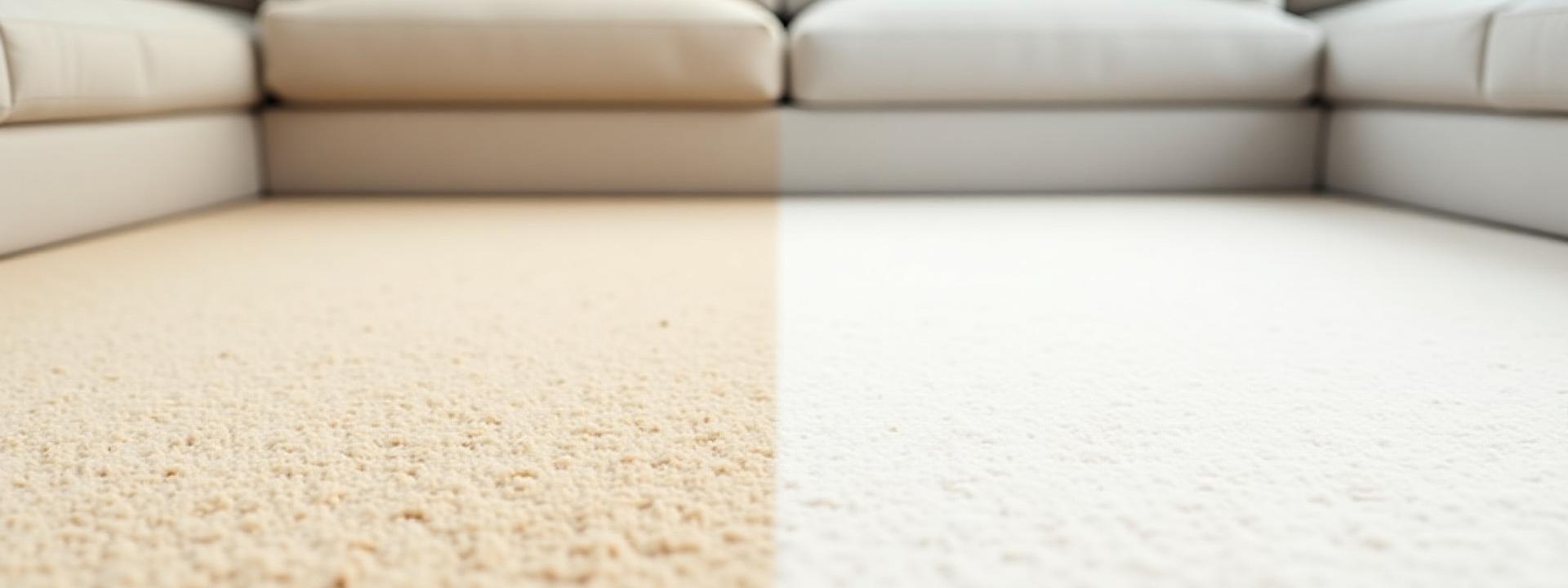 Before and after image of professional carpet cleaning, showing a stained, dull carpet on one side and a clean, vibrant carpet on the other.