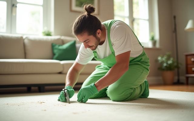 A cleaning technician inspecting a carpet with a magnifying glass, pointing out a problem area.