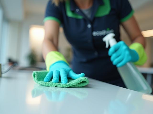 Professional cleaner sanitizing an office desk with green cleaning products