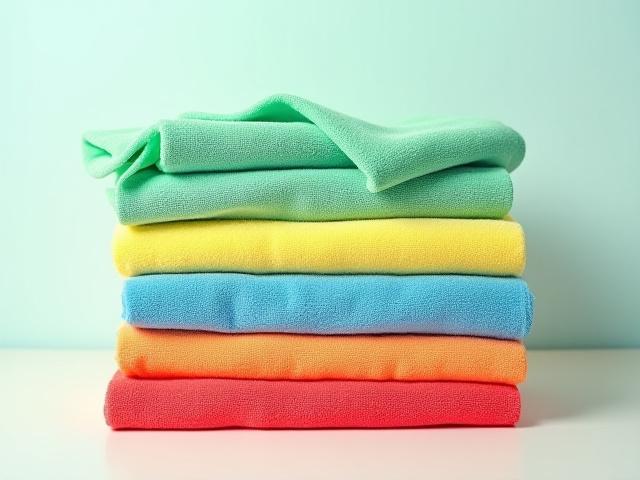 Stack of colorful, rolled microfiber cleaning cloths, indicating use for different areas.