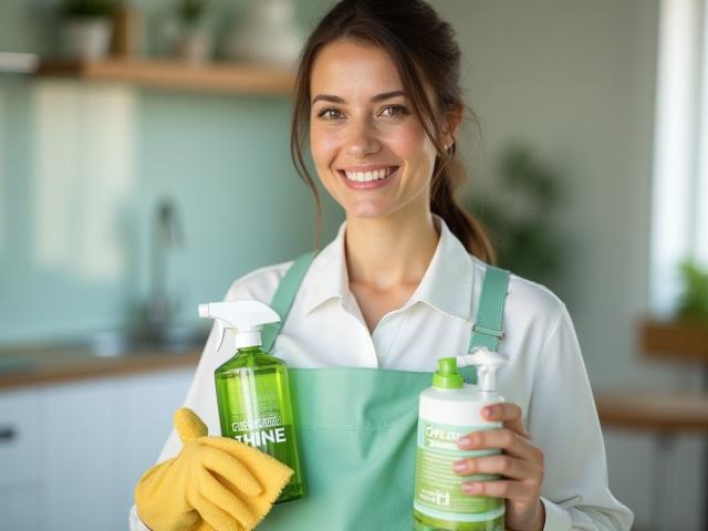 EcoShine cleaner holding plant-based cleaning products with a friendly smile